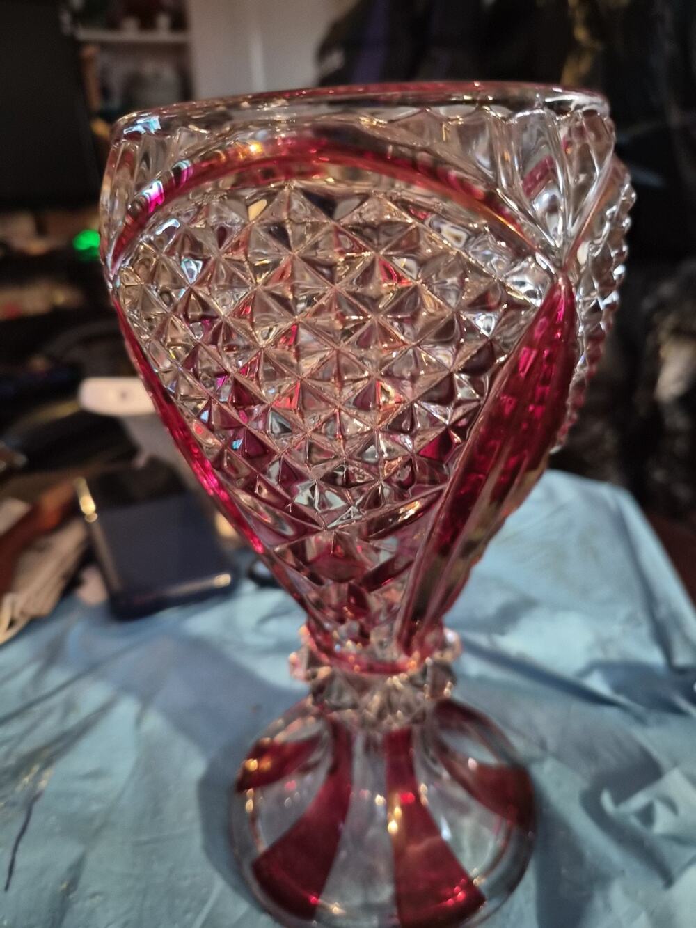 Vintage Indiana Glass Vase In The Diamond Point pattern With A Ruby Red...